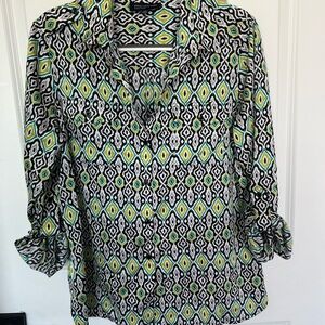 Jones New York Black and Green Geometric Button Down Shirt